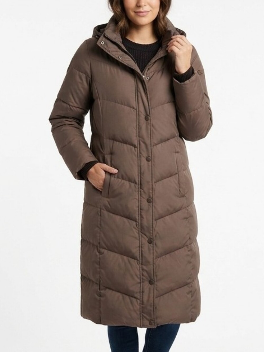 TOMMY HILFIGER Brown Longline Hooded Puffer Down Feathers Coat Jacket Size Large